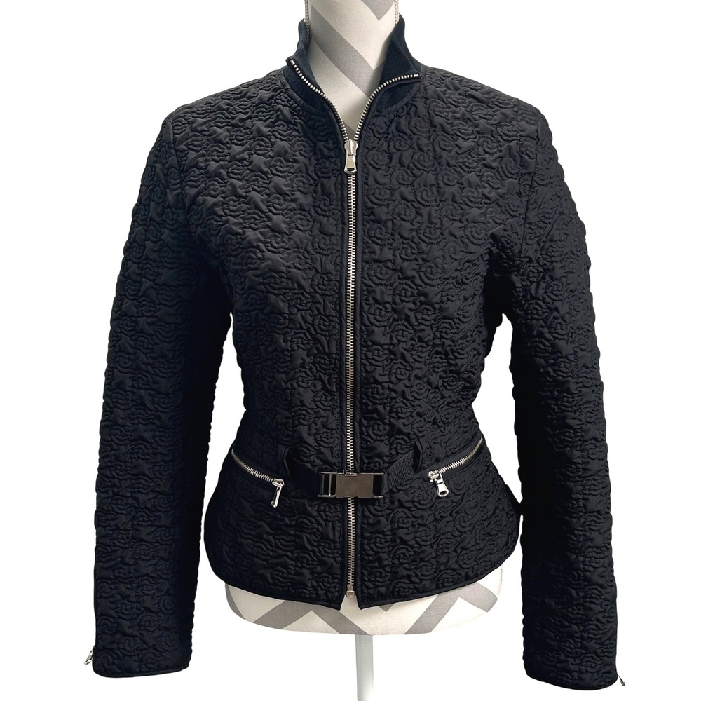 Cache' Vintage Black Floral‎ Quilted Jacket Women's Medium Moto Zip Front Belted